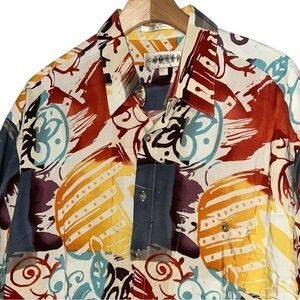 Campia Moda Men’s Size L Cream Blue Red Abstract Geometric Print Button Up Shirt